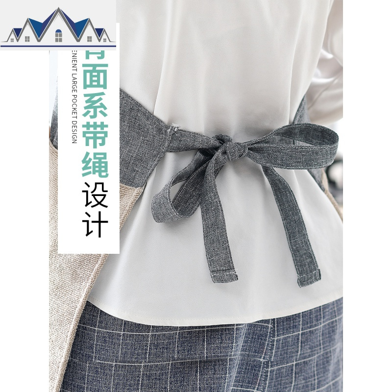 棉麻围裙女可擦手时尚家用厨房工作防水防油做饭围腰夏季罩衣大人 三维工匠