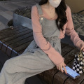 小个子穿搭背带裤+长袖T恤打底衫两件套户外休闲套装女装_1_363 均码(适穿85-110斤) 粉色长袖上衣