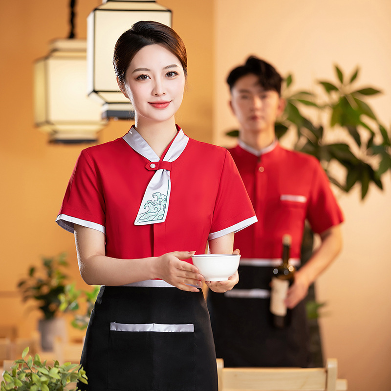 餐饮服务员工作服女短袖夏季中式茶餐厅西餐厅农家乐火锅店工装男-男黑色上衣;3XL