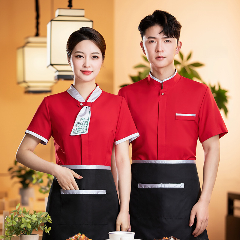 餐饮服务员工作服女短袖夏季中式茶餐厅西餐厅农家乐火锅店工装男-男黑色上衣;3XL