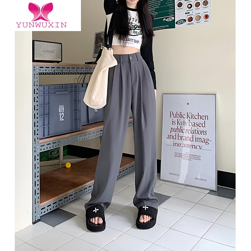 YUNWUXIN垂感宽松直筒休闲裤女秋季新款高腰阔腿裤白色西装裤裤子拖地裤夏