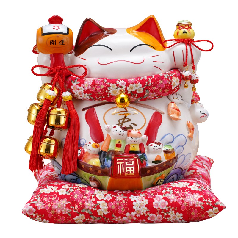猫摆件 店铺开业礼品 日式特大号家居收银台陶瓷存钱罐发财猫 三维工匠 经典红-八方来财猫高清大图