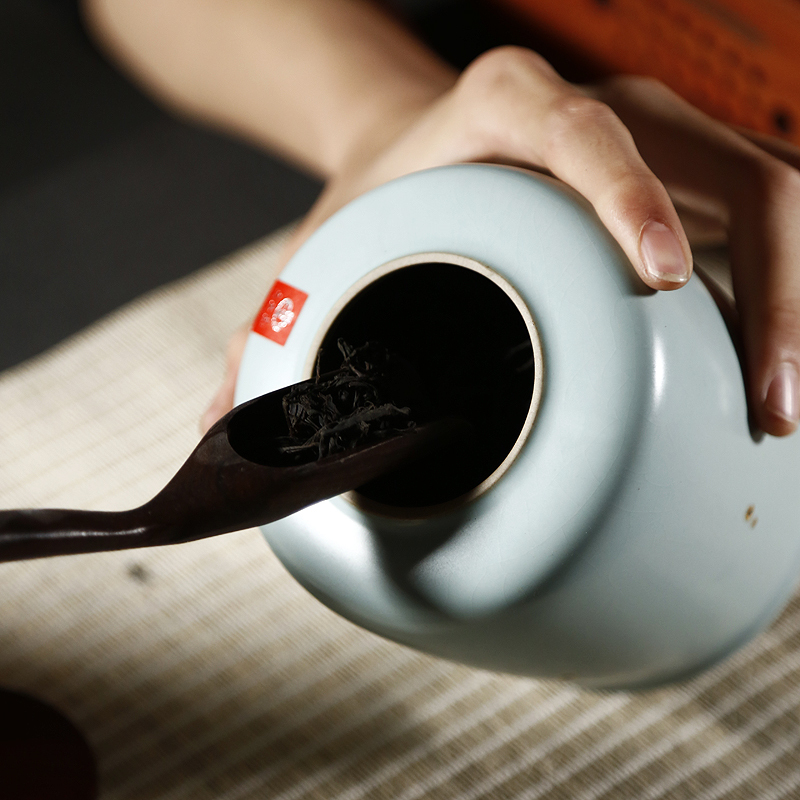 戴云品格 原矿汝窑茶叶罐开片正品汝瓷茶仓茶罐家用功夫茶具礼品 天青手工描金桐馨茶叶罐