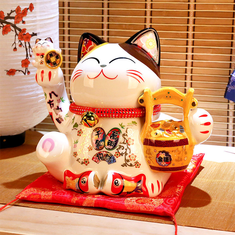 猫摆件 陶瓷大号储蓄罐店铺家居创意开业礼品摇手猫 三维工匠 『新款』26cm高[腰缠万贯](红布垫)猫高清大图