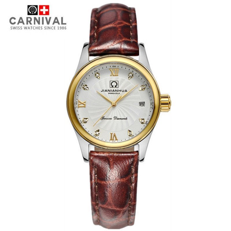 瑞士嘉年华CARNIVAL手表 时尚镶水钻女士石英表 日历防水 皮表带款时尚女表 腕表 全国联保8830L真皮表带高清大图