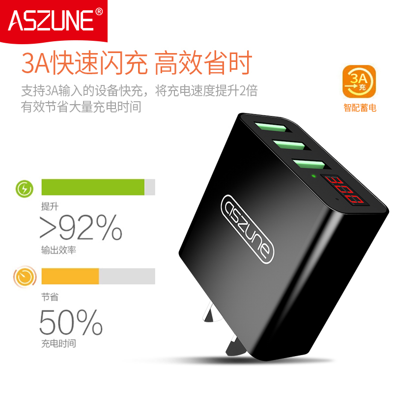 邻家-3.4A数显三孔USB充电头-白色白色手机充电器数字屏显示 监控设备 稳定电流 充电看得见 快充不发烫不(1个)