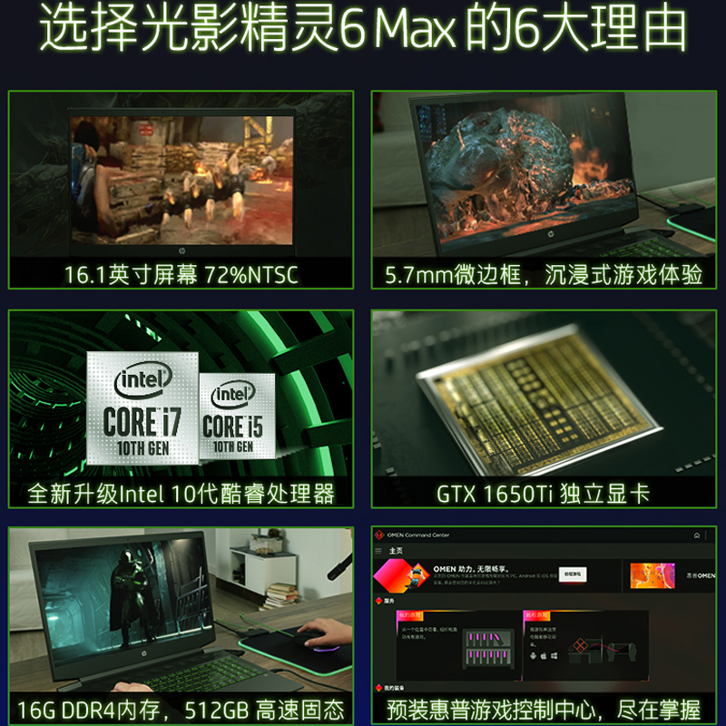 惠普(HP)光影精灵6Max-a0067TX笔记本电脑16.1英寸电竞发烧游戏本(i5-10200H 16G 512G固态硬盘 GTX1650Ti 高色域)绿光高清大图