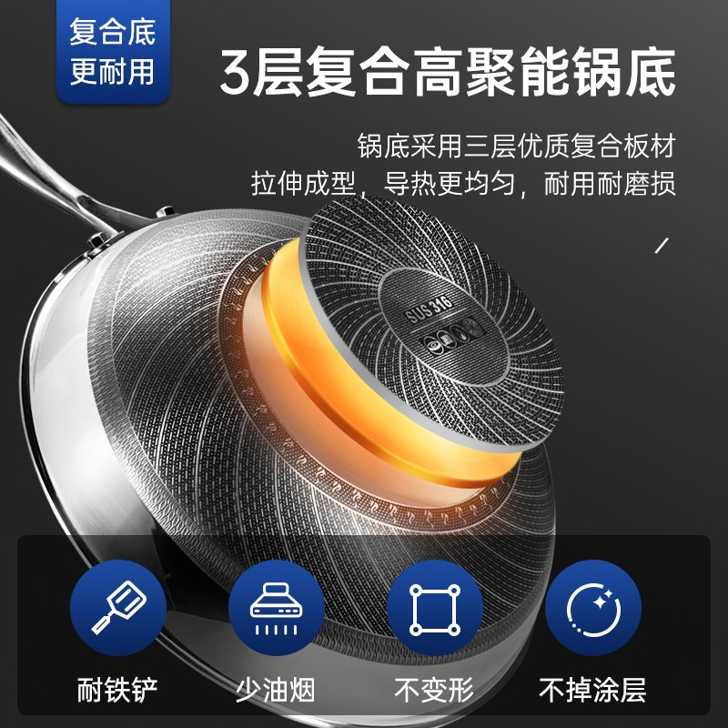 温仑山 德国炒锅蜂窝不粘锅316不锈钢炒菜锅电磁炉燃气灶通用32CM 全新升级 第七代蜂窝不粘锅