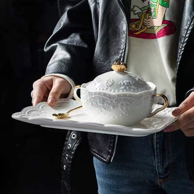 Home glen 陶瓷汤盅隔水带盖小炖罐甜品盅 68号金顶盖碗+长盘+勺 1套高清大图