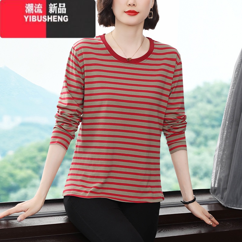 YIBUSHENG圆领长袖t恤女中老年妈妈装大码宽松2024春秋新款打底衫上衣高清大图