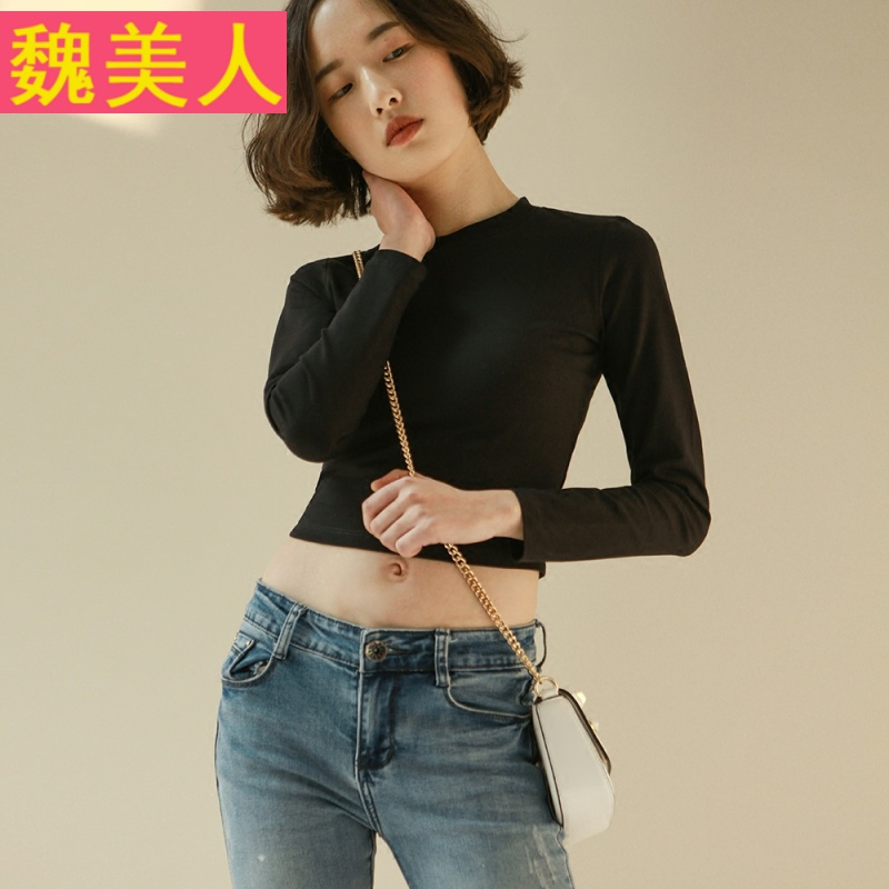 性感上衣棉短款露脐T恤女长袖紧身高腰韩国黑色漏脐打底衫秋外穿