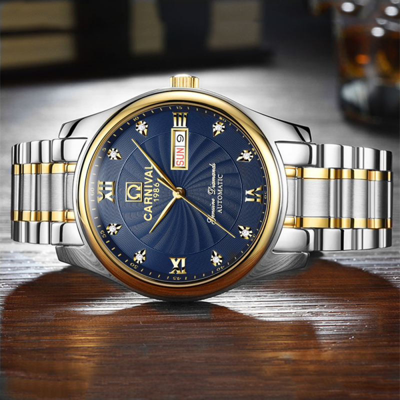 瑞士嘉年华Carnival正品新款手表全自动机械表 男表休闲时尚镶钻间金双日历手表男士防水金属腕表男士表8671高清大图