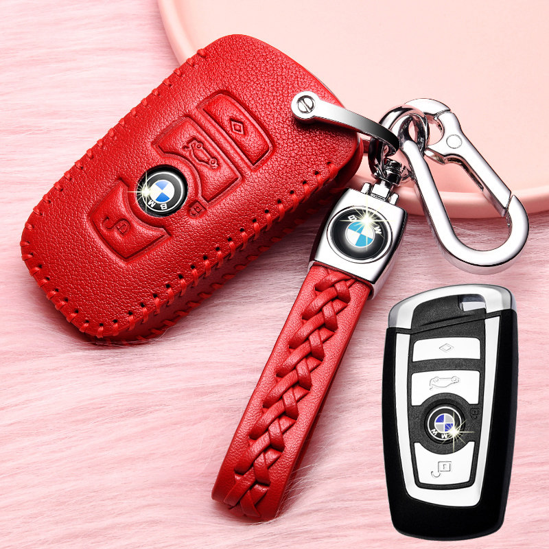 【补贴10%】宝马钥匙套宝马5系525 530刀锋钥匙包真皮宝马3系x1 x2 x3专用扣汽车钥匙包 宝马B款红色+绳扣（方形四键）