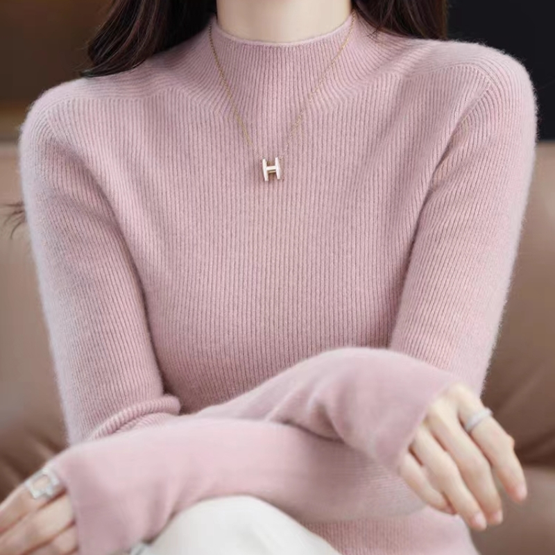 鄂尔多斯羊绒衫女半高领毛衣女宽松外穿短款春秋2024年春装新款百搭加厚针织打底衫秋冬针织上衣服恒源祥羊毛衫毛衣打底衫 优雅粉 L