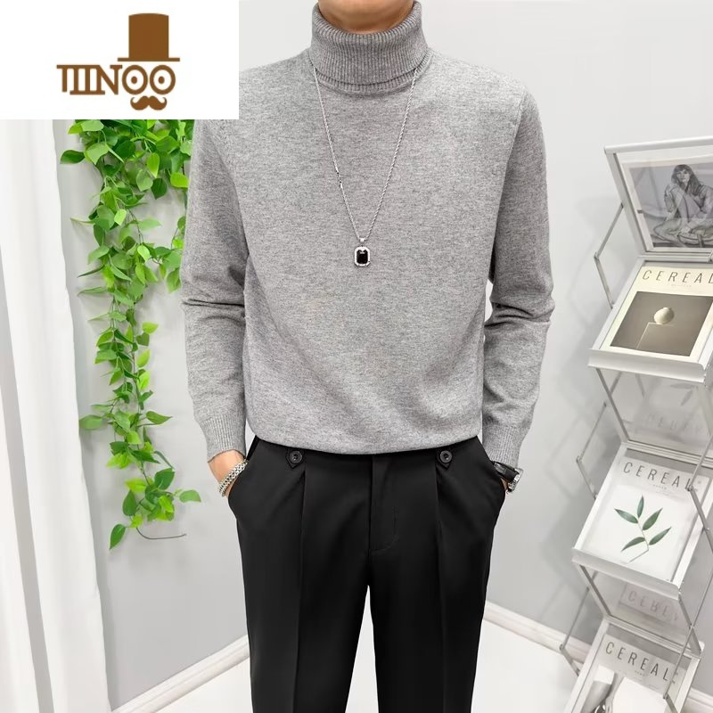 YANXU高领毛衣男宽松黑色内搭打底衫2023新款韩版潮长袖翻领针织衫高清大图