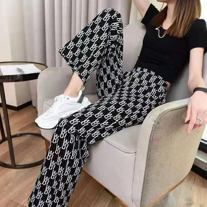 2022新款阔腿裤潮流花纹夏季宽松百搭薄款裤高腰显瘦垂感休闲裤女 莎丞
