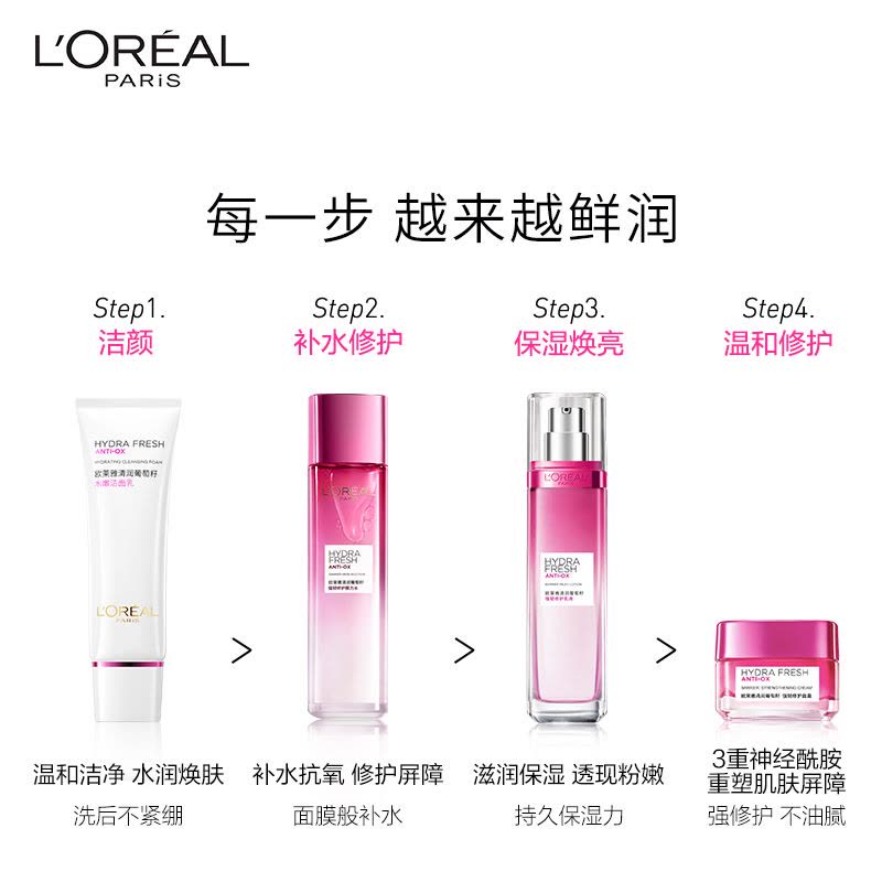 欧莱雅清润葡萄籽套装女补水保湿三件套(膜力水65ml+乳液50ml+面霜25ml)护肤化妆品官方旗舰店图片