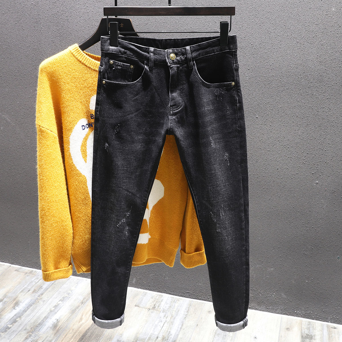 yuansu秋冬抓绒磨毛牛仔裤男修身小脚薄绒长裤子保暖加厚休闲黑色弹力