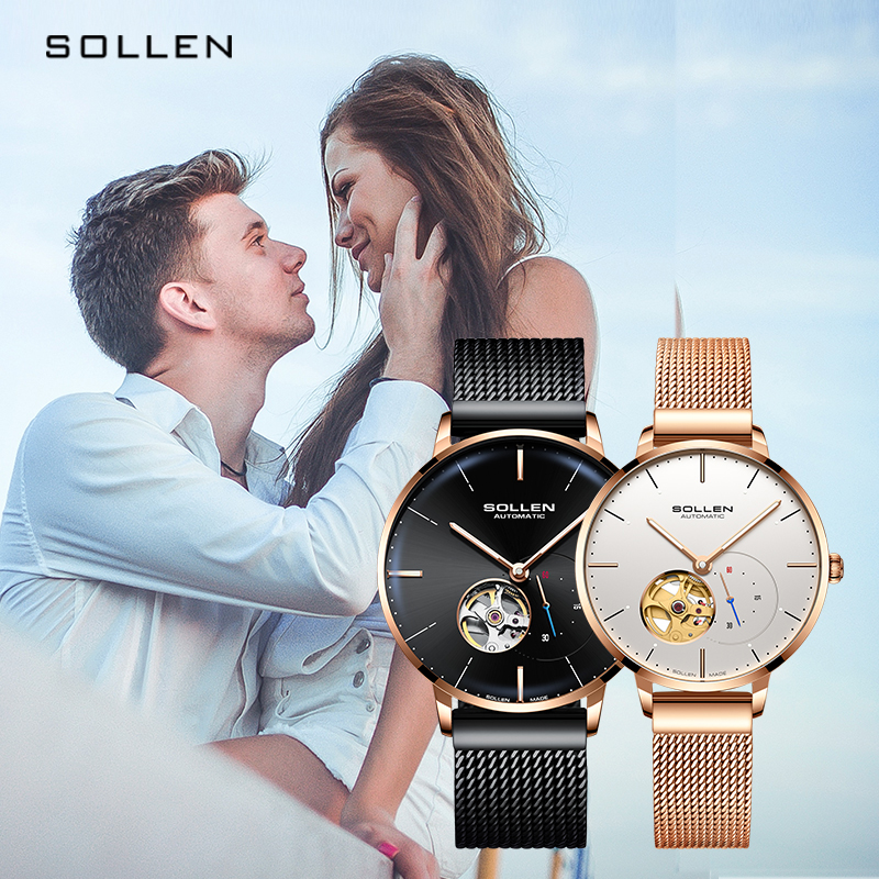梭伦(SOLLEN)手表男女ins风简约时尚商务镂空一对情侣表自动机械表潮流女男士手表SL523高清大图