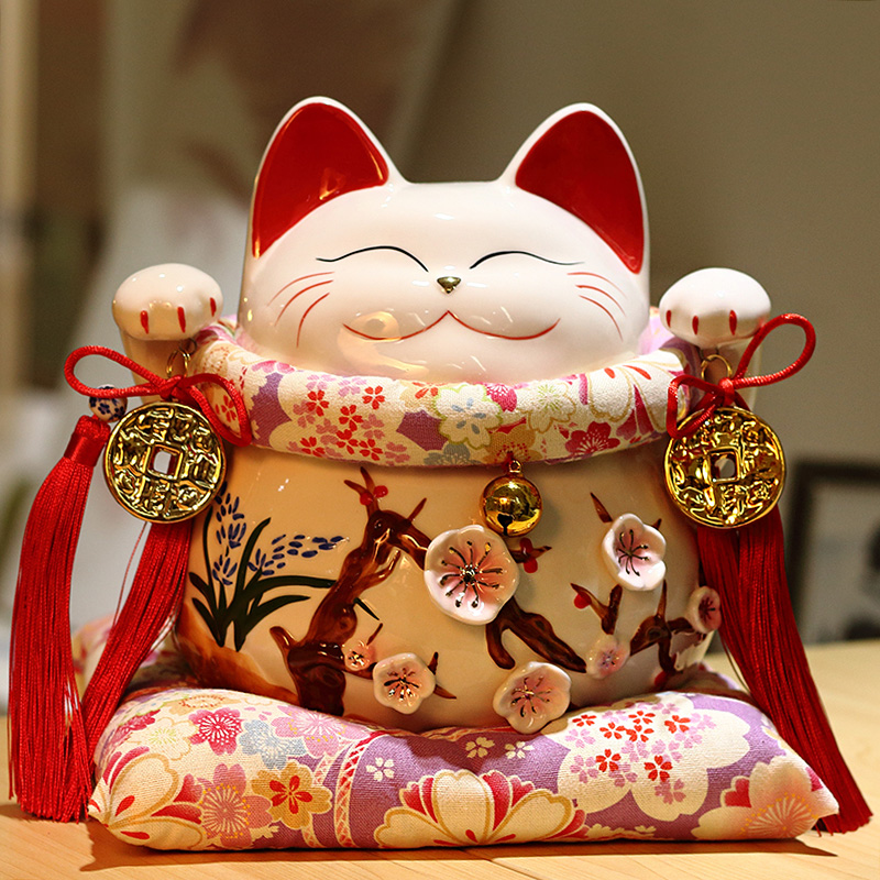 猫存钱罐大号陶瓷储蓄罐日本店铺开业创意礼品猫摆件礼品 三维工匠 10寸四季发财紫樱棉垫猫高清大图