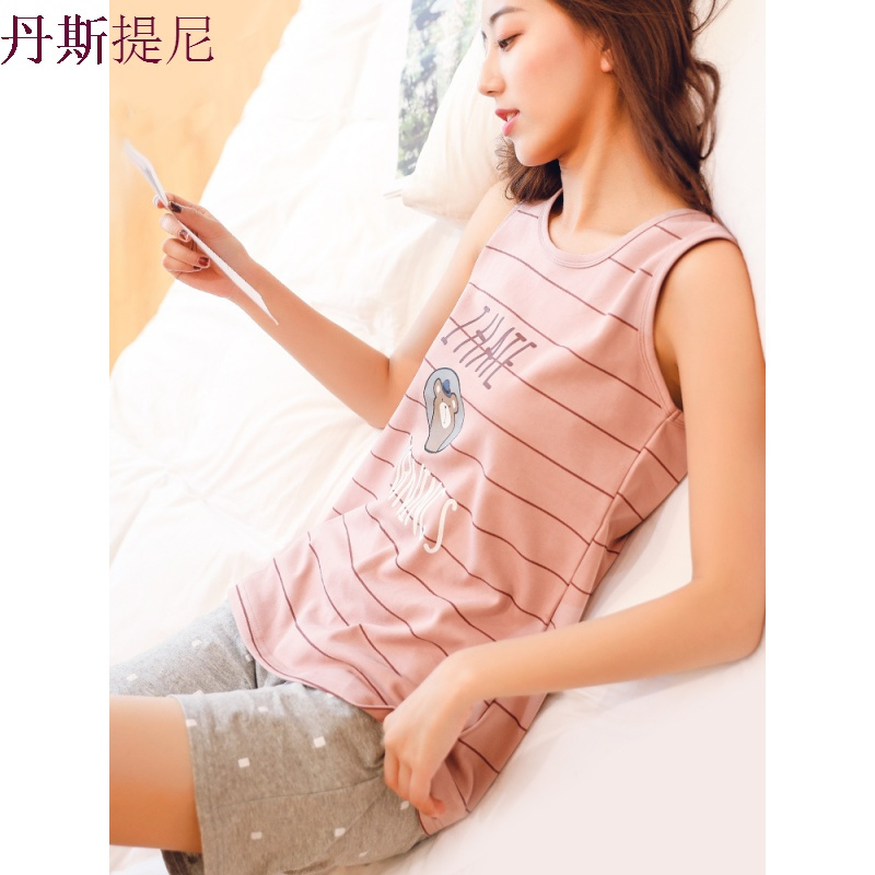 睡衣女夏纯棉无袖背心两件套装夏季可外穿短裤夏天薄款坎肩家居服