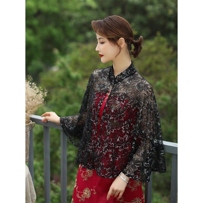 蕾丝披肩女镂空外搭中长款裙子旗袍外套黑色斗篷夏季洋气百搭薄款新