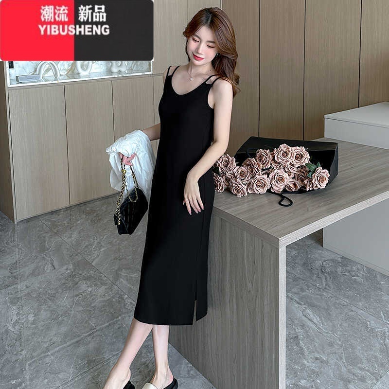 YIBUSHENG时尚黑色连衣裙女2024季新款修身显瘦遮肉吊带裙内搭打底长裙子高清大图