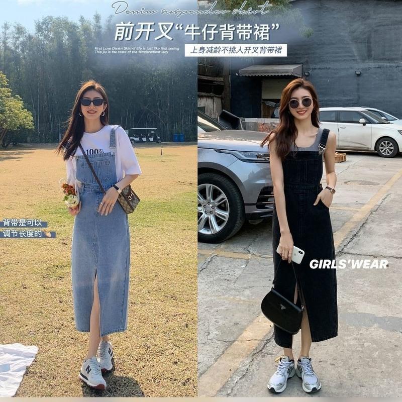 2021春夏宽松复古减龄牛仔背带连衣裙女气质收腰中长款开叉吊带裙 白色短袖 S(82-95斤)
