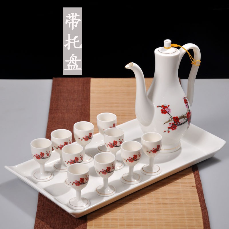 鼎亨酒具套装陶瓷带托盘中式仿古家用分酒壶高脚白酒裂酒杯倒酒器