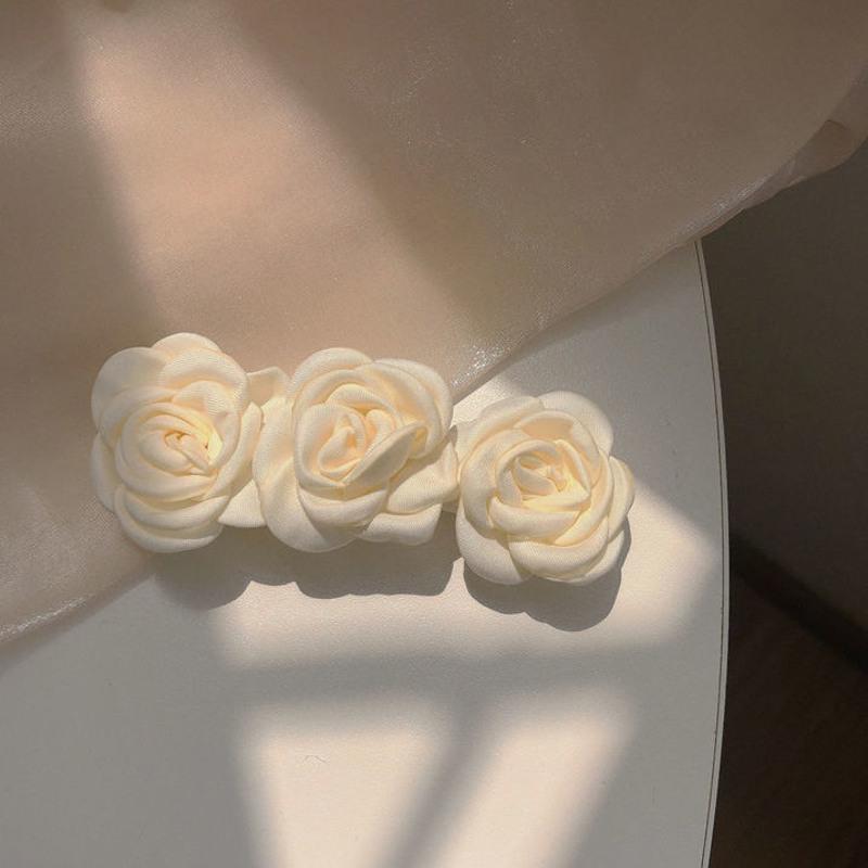 山茶花发夹超仙夏季新款花朵后脑勺顶夹小香风高级感小众发饰女 布艺米白玫瑰花-发夹