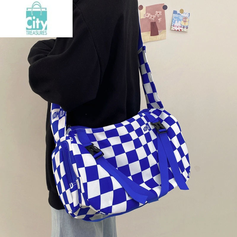 bangdouins风日系原宿大容量邮差包男韩国复古格子包潮流棋盘格斜挎包