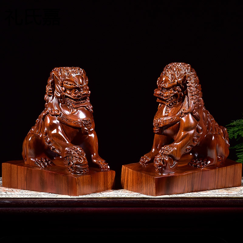 礼氏嘉木雕王府狮摆件一对狮子摆件镇宅家居摆设木狮子红木工艺品