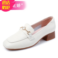 金三志单鞋女士乐福鞋皮软皮一脚蹬粗跟软底皮鞋2021春季新款大码女鞋休闲鞋