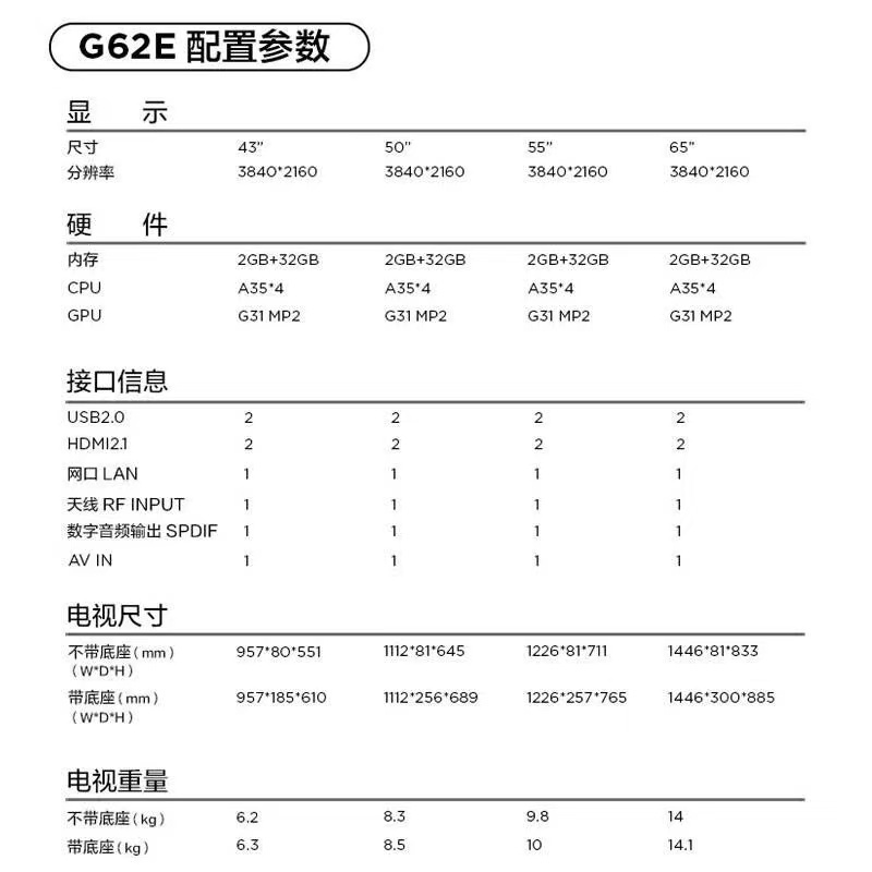 TCL 65G62E 65英寸4K超高清电视双频WIFI 远场语音支持方言 家用商用电视机