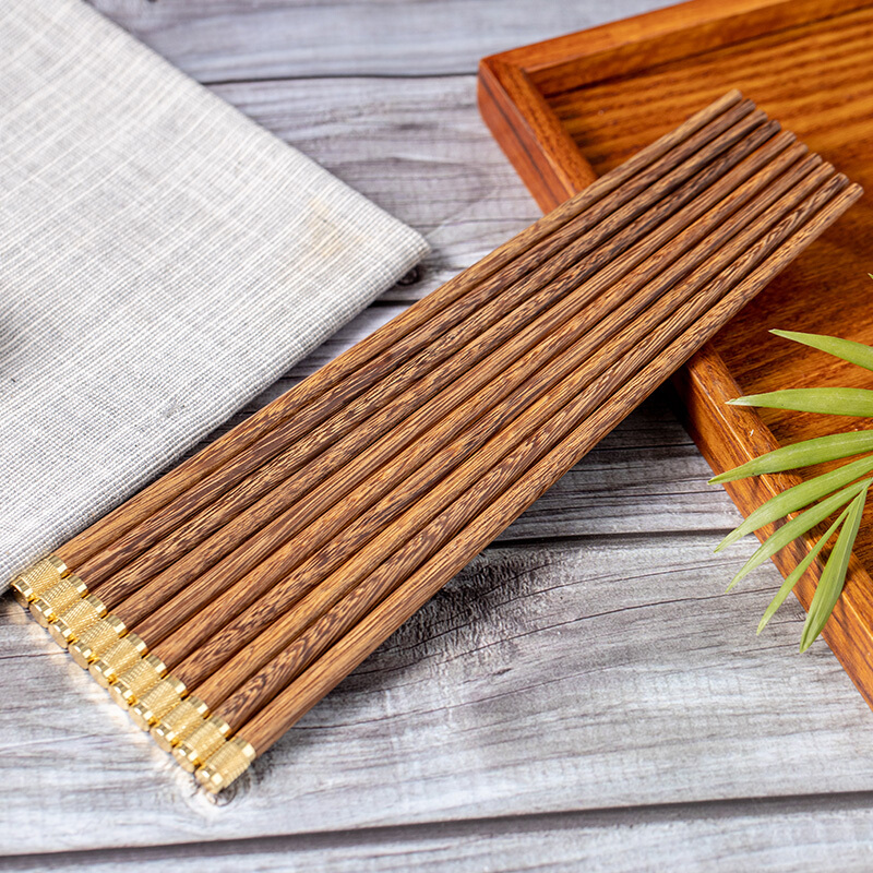 拾画 无漆无蜡家用防滑鸡翅木筷子 创意铜头木 金色筷子 十双装 SH-6325高清大图