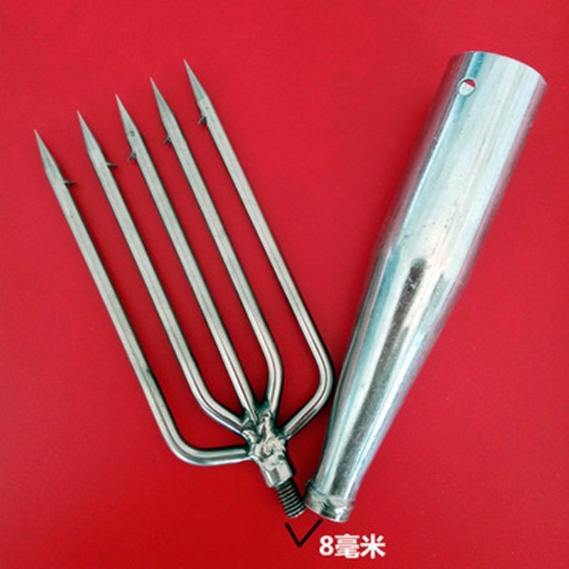 不锈钢鱼叉平叉多齿7齿倒刺通用8毫米大小鱼叉头鱼叉杆套装可收缩短五