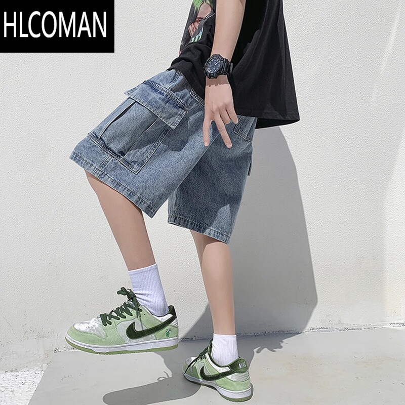 HLCOMAN工装牛仔短裤男夏季欧美高街大口袋五分裤宽松直筒百搭运动中裤潮