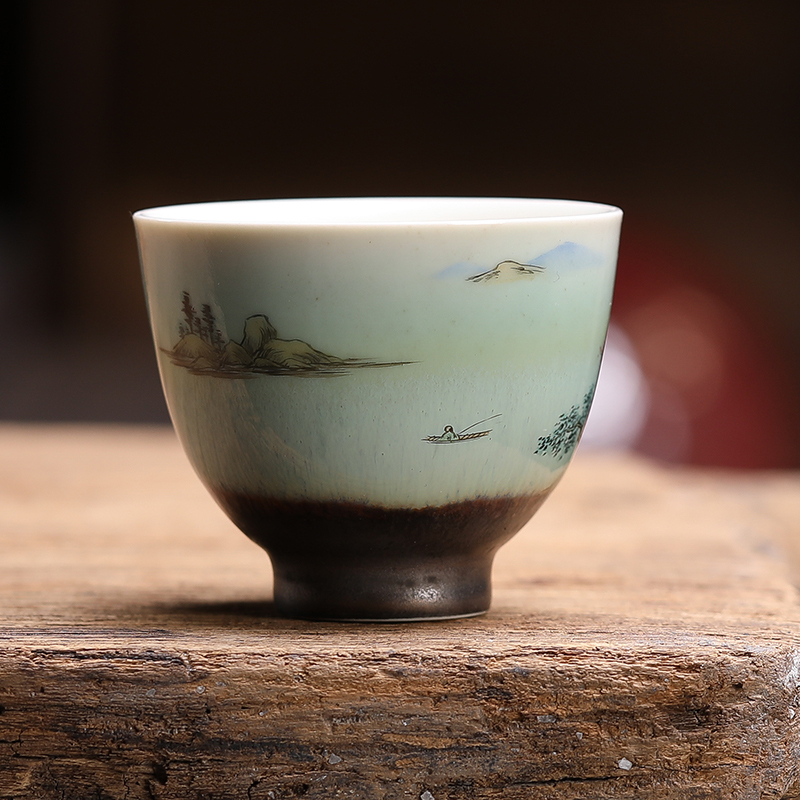 手绘窑变品茗杯纯手工单杯主人杯FY陶瓷功夫茶具柴烧花鸟大号茶盏 三维工匠 手绘玉兰杯[山水]120