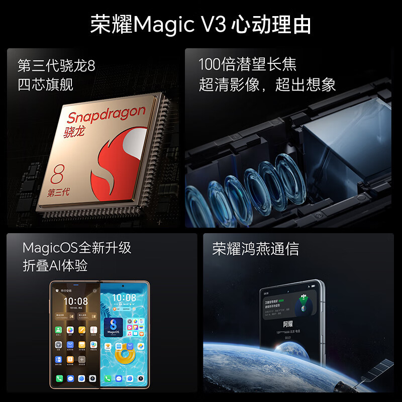 荣耀Magic V3 12GB+256GB 绒黑色 5G智能手机 荣耀折叠屏 9.2mm超轻薄长续航 荣耀视力舒缓绿洲护眼屏 5G智能手机 AI手机 第三代骁龙8旗舰芯片 人脸识别