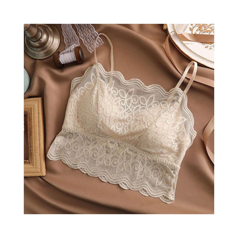 ideamini橄榄绿蕾丝短款抹胸女带胸垫吊带裹胸打底防走光细肩带美背心