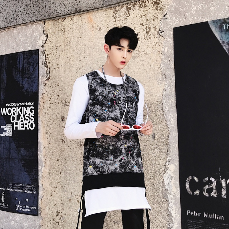 夜店酒吧演出服个性彩色泼漆下摆拼接背心t恤潮男帅气街头个性