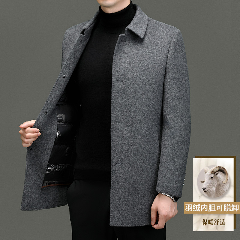 春秋冬装新款活里活面羊绒大衣男中长款可拆卸羽绒内胆羊毛呢外套羊绒大衣男士双面尼羽绒风衣春秋季加厚羽绒内胆毛呢外套高清大图