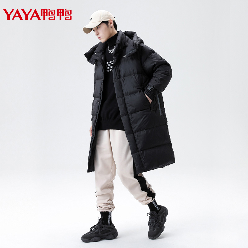 鸭鸭90鸭绒男士羽绒服中长款时尚连帽冬季休闲加厚潮流外套