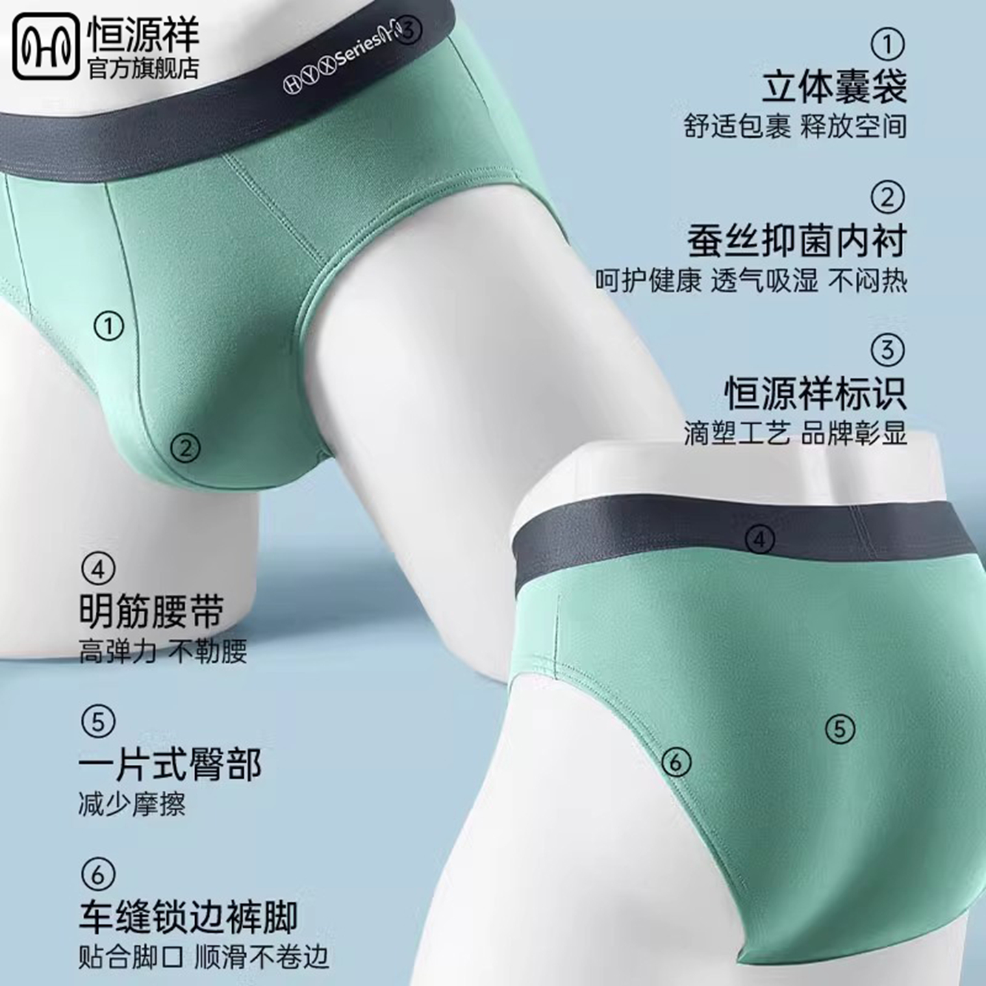 恒源祥男士内裤三角高档纯棉男生裤头大码透气青少年运动正品短裤高清大图