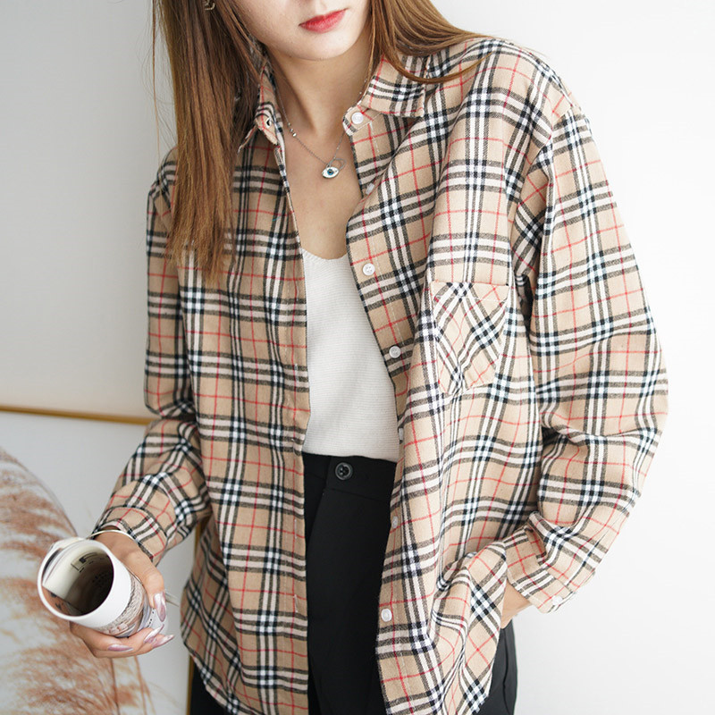 艳如飞格子棉衬衫女2020秋季慵懒宽松bf显瘦韩版常规款衬衣休闲外套潮