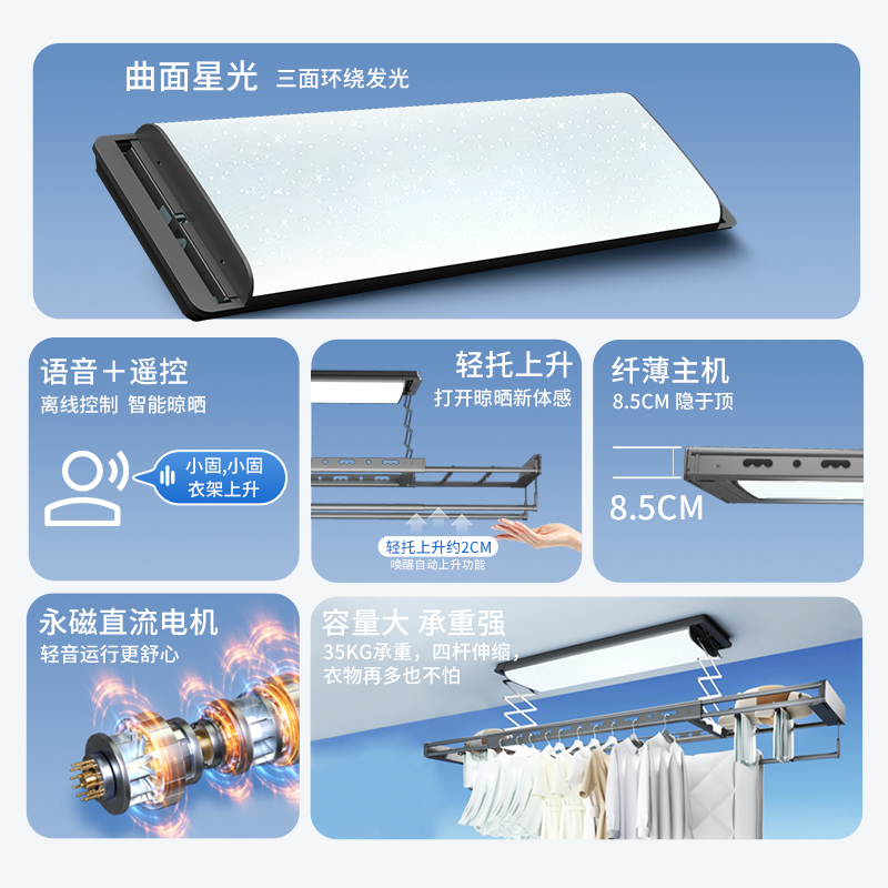 顶固(TopStrong)电动晾衣架T80Pro 衣被同晒满天星曲面照明超薄8.5cm双向遇阻反弹轻抬上升离线语音高清大图
