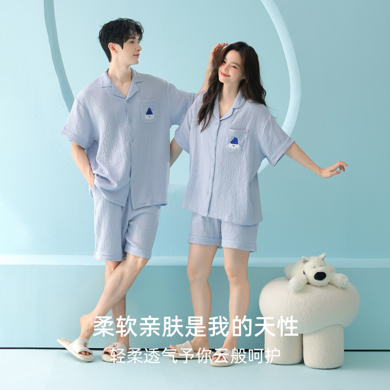 米奇喵[婴儿棉]清爽系A类全棉双层纱情侣睡衣夏季短袖女家居服 清爽系A类全棉双层纱女 尺码备注高清大图