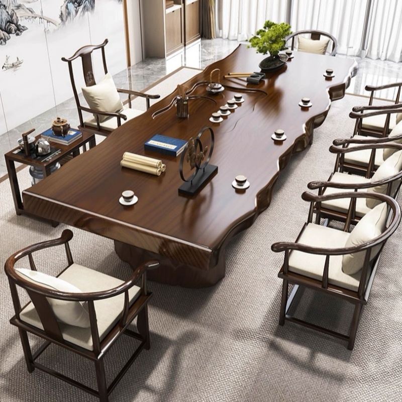 大板实木茶桌新中式禅意整板茶台轻奢现代办公室接待泡茶茶桌椅组合高清大图