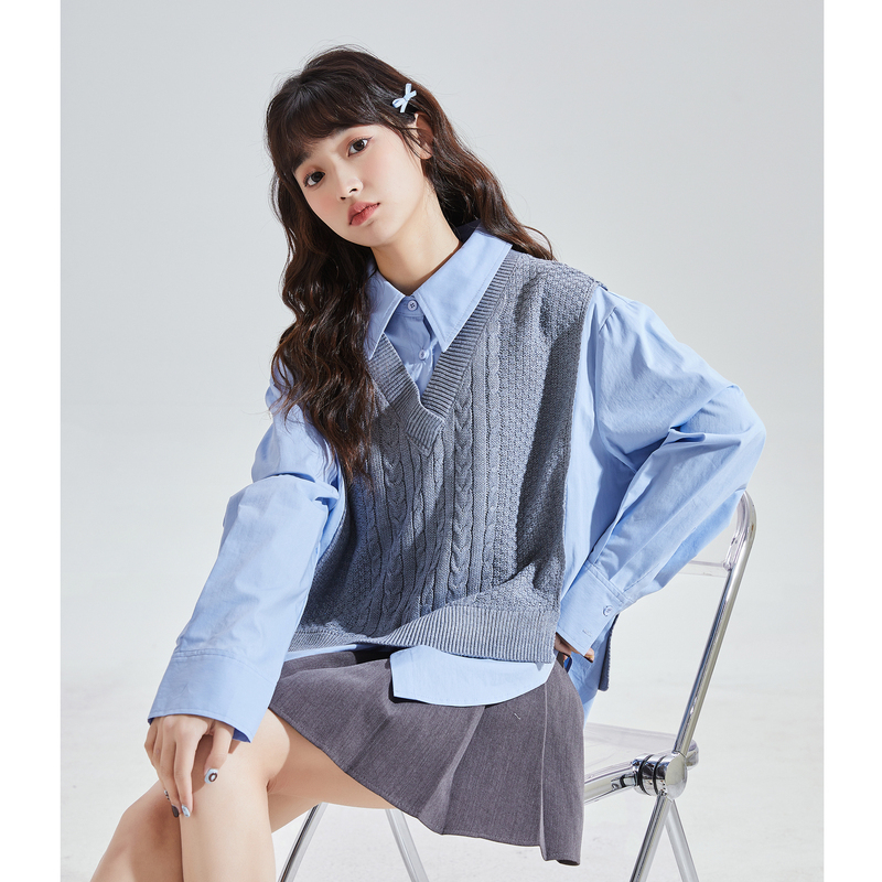 [2.5折价157元]唐狮秋冬新款拼接长袖衬衫女假毛衣马甲学院风叠穿衬衣