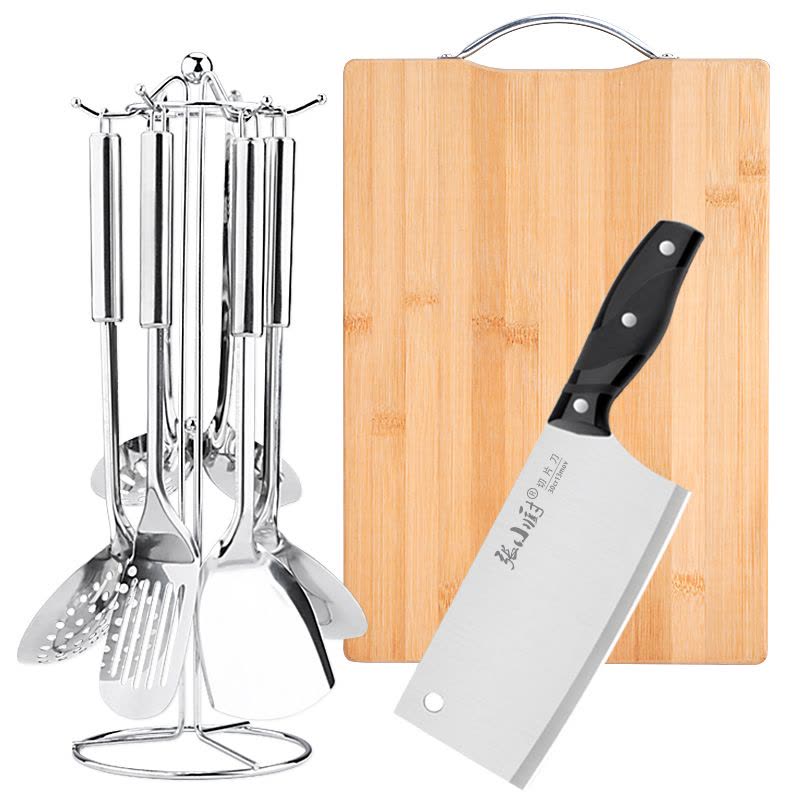 厨房不锈钢炒菜勺铲子切菜刀家用锅铲汤勺漏勺全套厨具套装勺子 敬平 菜板菜刀铲漏勺五件套图片